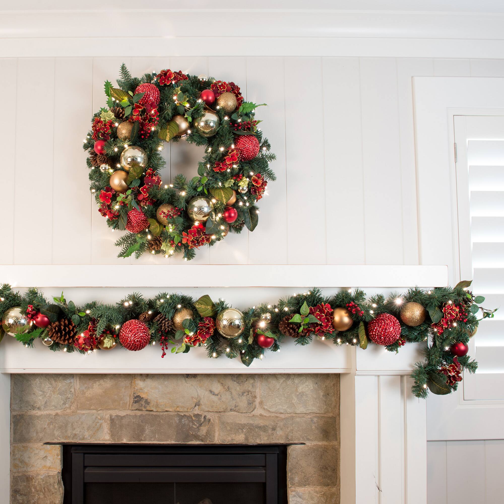 Village Lighting 30" Pre-Lit Scarlet Hydrangea Christmas Wreath, Clear LED Lights